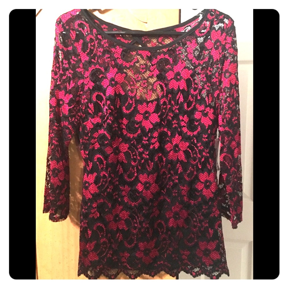 Black and red lace w/ black camisole shirt.